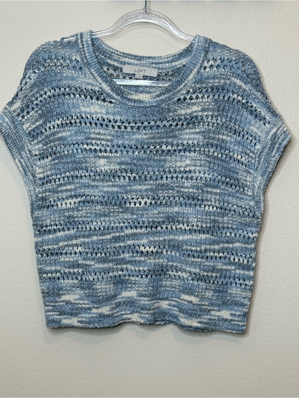 LOFT Blue & White Open-Stitch Short-Sleeve Knit Top Medium
